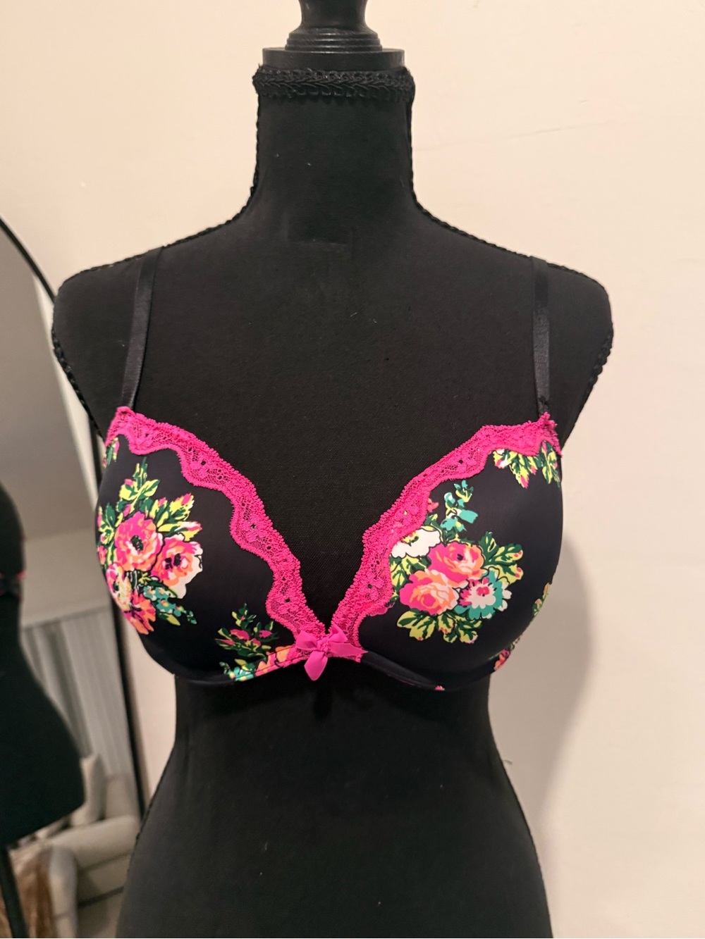 Floral Lace-Trim Push-Up Bra in Black and Hot Pink by Perfectly Me